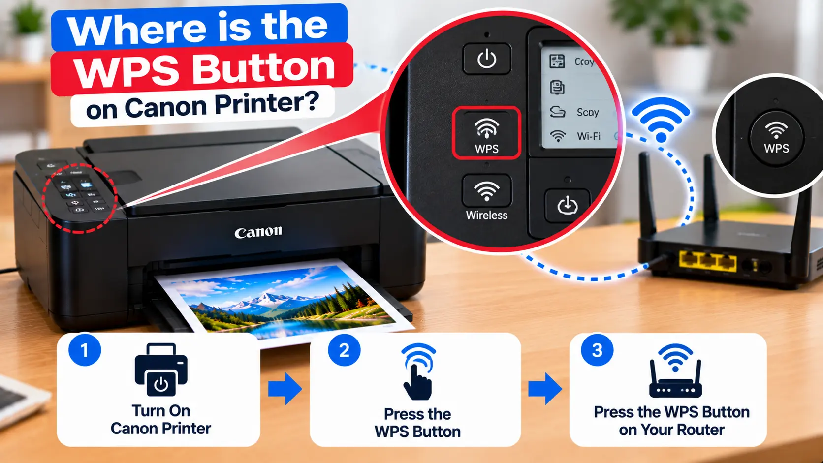 WPS and wireless button location on a Canon printer