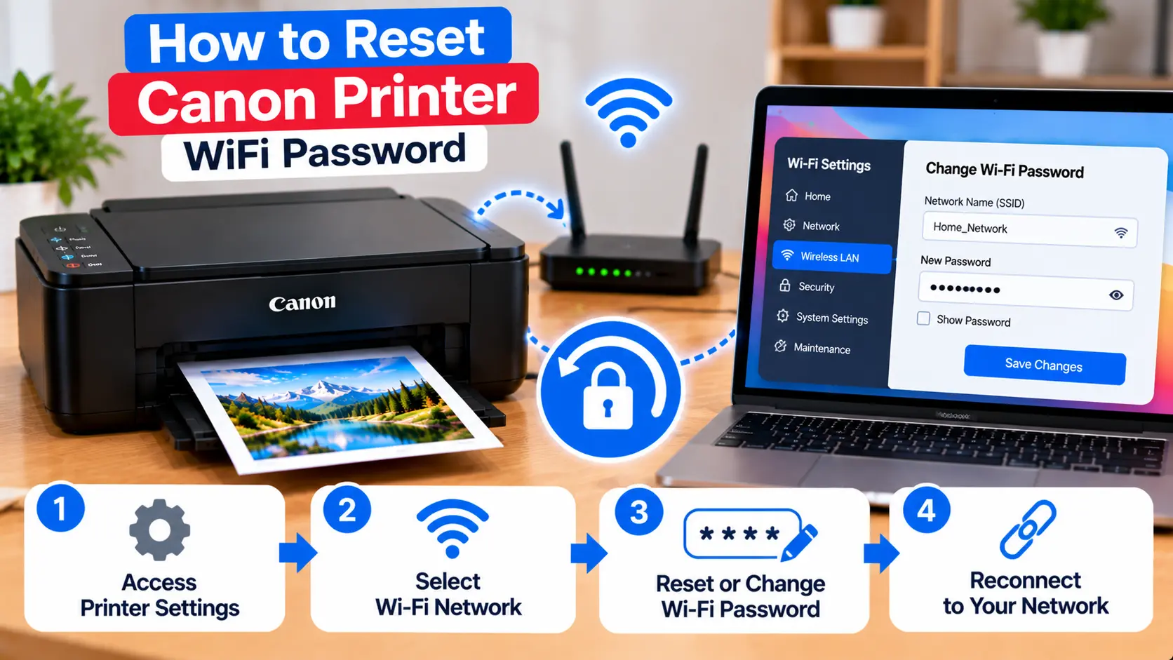 Reset Canon printer WiFi password and reconnect to network